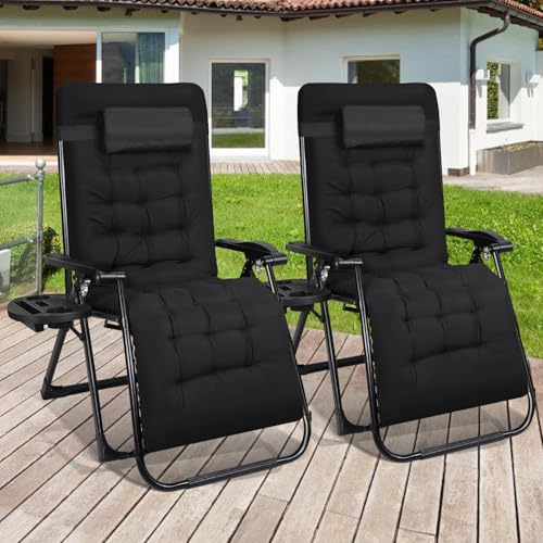 Ollewiellan 2X Sonnenliege Liegestuhl Klappbar Extra Breit Gartenliege bis 200kg,Klappliege Verstellbare Rückenlehne mit Kissen,Nackenkissen & Getränkehalter Liege für Patio,Strand,Terrasse von Ollewiellan