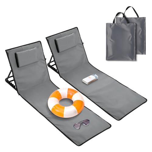 Ollewiellan 2X Strandliege Klappbar Leicht,Strandmatte mit Rückenlehne mit Kissen und Staufach,Sonnenmatte Faltbar für den Strand inkl.Tragetasche,Strandstuhl klappbar,Grau L145cm von Ollewiellan