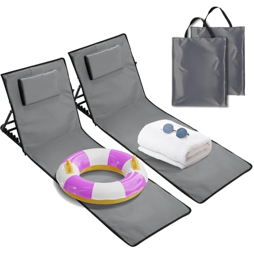 Ollewiellan 2X Strandliege Klappbar Leicht,Strandmatte mit Rückenlehne mit Kissen und Staufach,Sonnenmatte Faltbar für den Strand inkl.Tragetasche,Strandstuhl klappbar,Grau L158cm von Ollewiellan