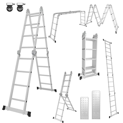 Ollewiellan Mehrzweckleiter 7 in 1 Multifunktionsleiter Alu Leiter 470cm 4x4 Stufen bis 150 kg mit 2 Gerüstplatten und Transport Rollen, Gelenkleiter Klappleiter Haushaltsleiter von Ollewiellan
