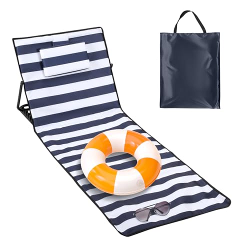 Ollewiellan Strandliege Klappbar Leicht,Strandmatte mit Rückenlehne mit Kissen und Staufach,Sonnenmatte Faltbar für den Strand inkl.Tragetasche,Strandstuhl klappbar,Blau-Weiß 158cm von Ollewiellan