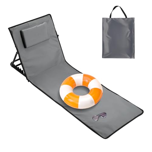 Ollewiellan Strandliege Klappbar Leicht,Strandmatte mit Rückenlehne mit Kissen und Staufach,Sonnenmatte Faltbar für den Strand inkl.Tragetasche,Strandstuhl klappbar,Grau L145cm von Ollewiellan