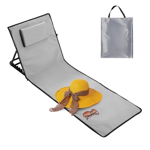 Ollewiellan Strandliege Klappbar Leicht,Strandmatte mit Rückenlehne mit Kissen und Staufach,Sonnenmatte Faltbar für den Strand inkl.Tragetasche,Strandstuhl klappbar,Helles Grau L145cm von Ollewiellan
