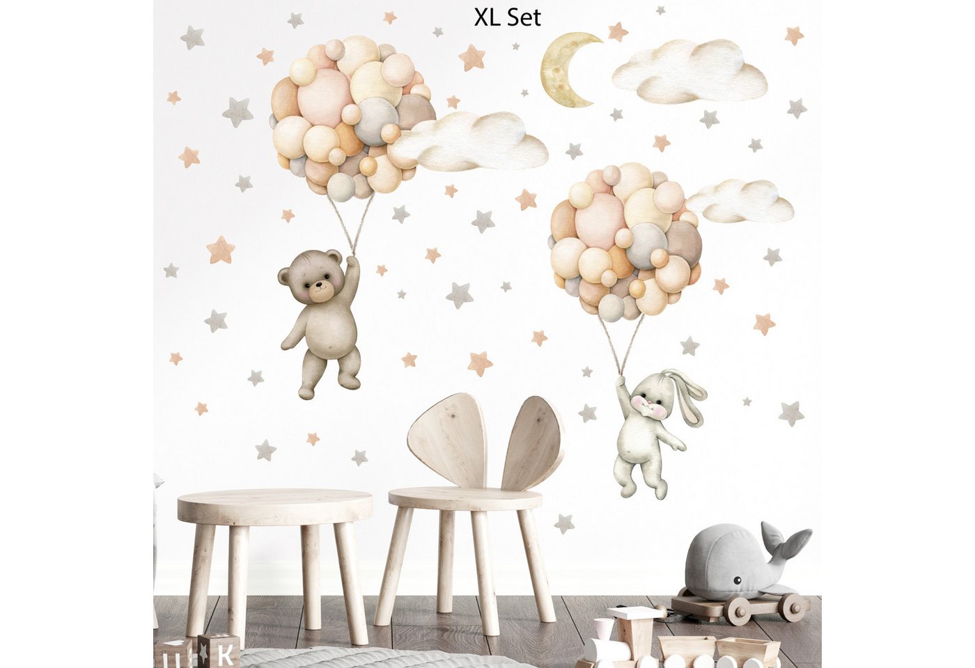 Olli&Elli.design Wandtattoo Beige Heißluftballons mit Hase und Bär, mit Wolken L/XL, Rückstandslos abziehbar, Wasserbasierte Farbe, Selbstklebend von Olli&Elli.design