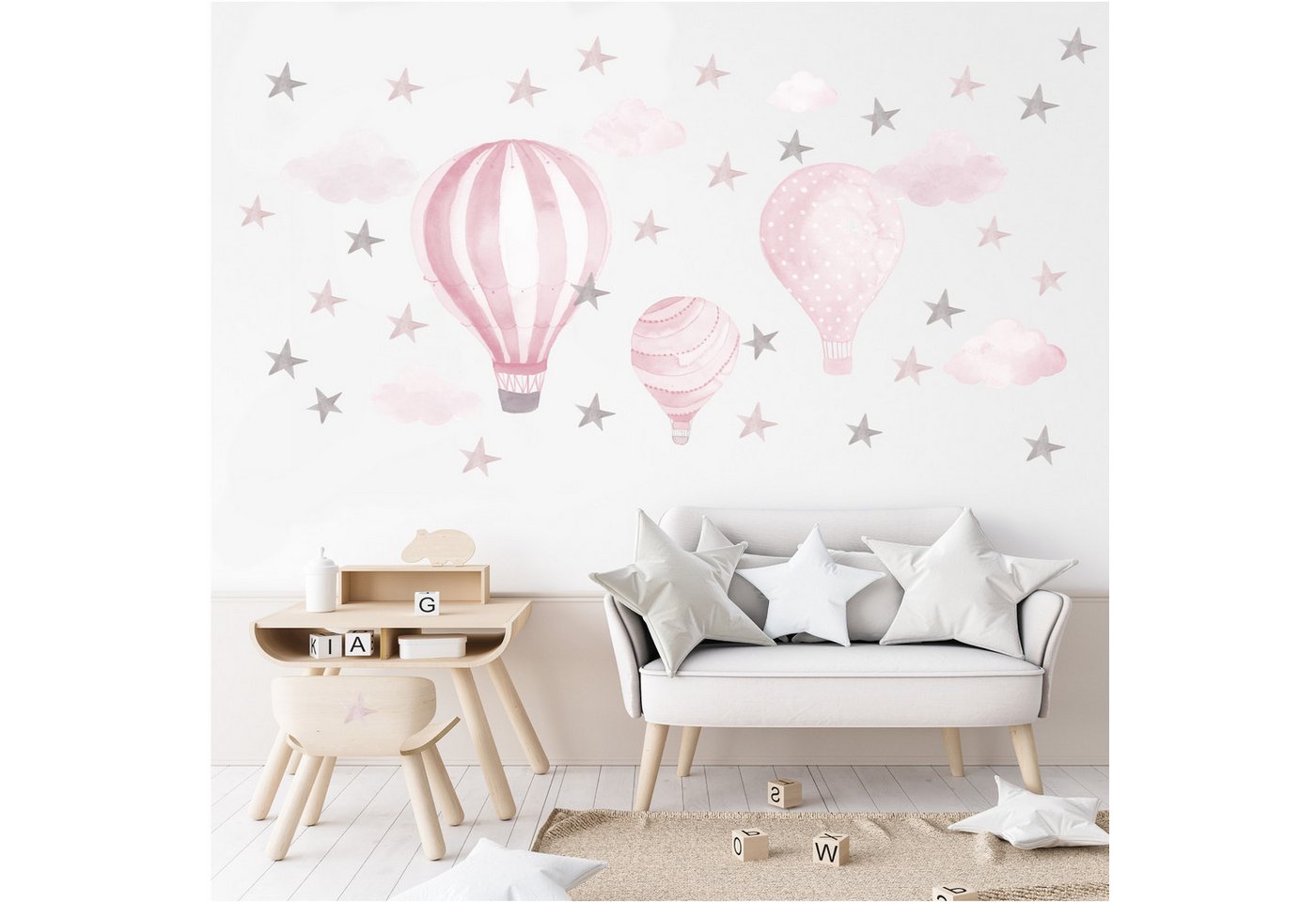 Olli&Elli.design Wandtattoo Heißluftballons mit Sternen und Wolken in Baby Rosa Pink, Rückstandslos abziehbar, Wasserbasierte Farbe, Selbstklebend von Olli&Elli.design