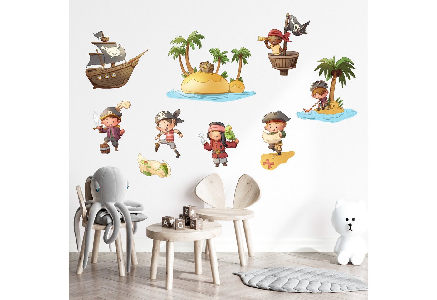 Olli&Elli.design Wandtattoo Piraten Set mit Kapitän, Schiff. Ahoi Piraten, Rückstandslos abziehbar, Wasserbasierte Farbe, Selbstklebend von Olli&Elli.design