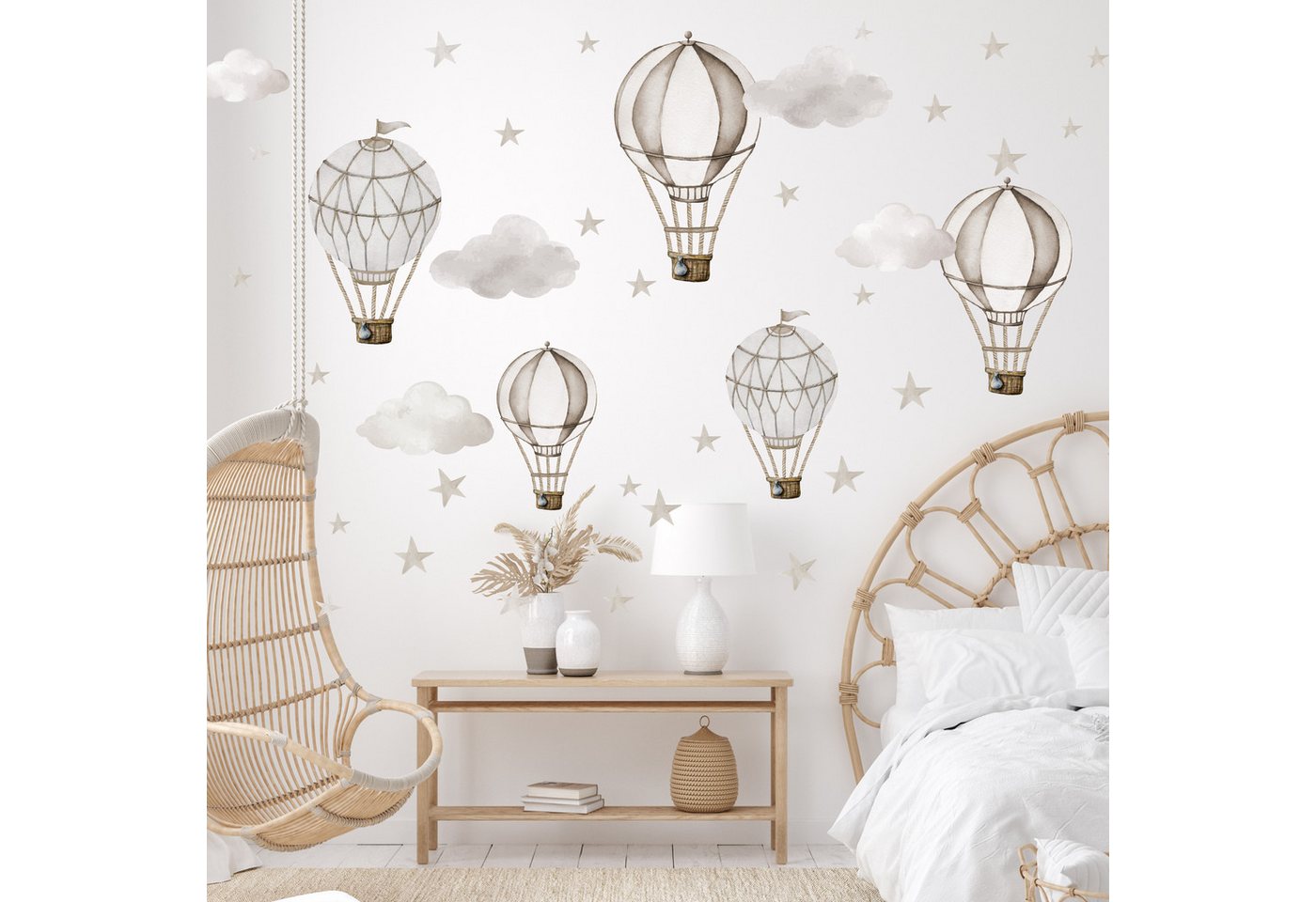 Olli&Elli.design Wandtattoo Retro Heißluftballons in Beige oder Blau mit Wolken und Sternen, Rückstandslos abziehbar, Wasserbasierte Farbe, Selbstklebend von Olli&Elli.design