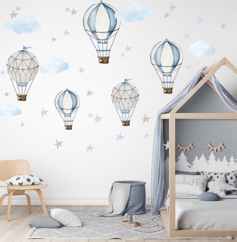 Olli&Elli.design Wandtattoo Retro Heißluftballons in Beige oder Blau mit Wolken und Sternen, Rückstandslos abziehbar, Wasserbasierte Farbe, Selbstklebend von Olli&Elli.design