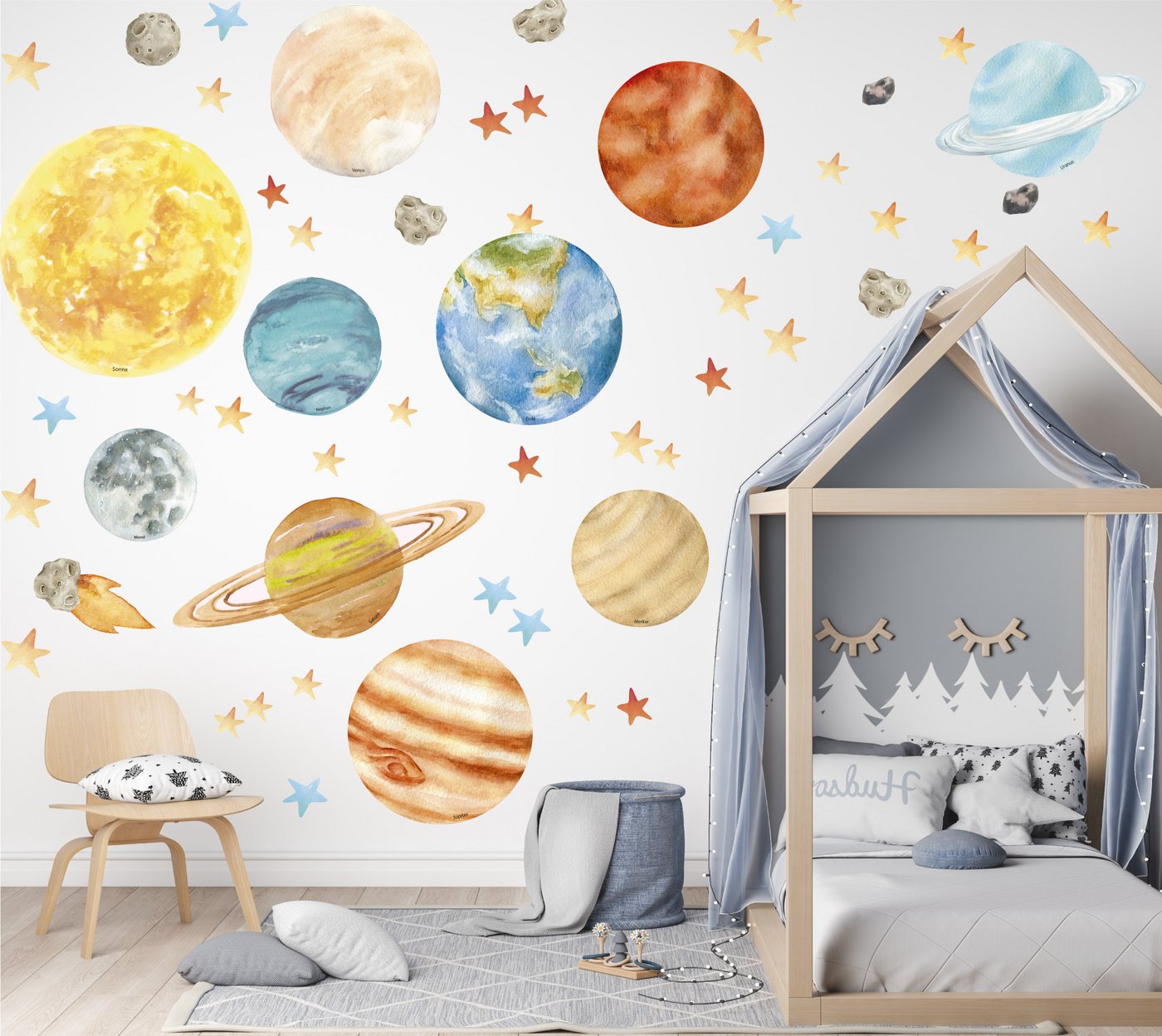 Olli&Elli.design Wandtattoo Sonnensystem und Planeten, beschriftet selbstklebend Asteroid Weltall, Rückstandslos abziehbar, Wasserbasierte Farbe, Selbstklebend von Olli&Elli.design