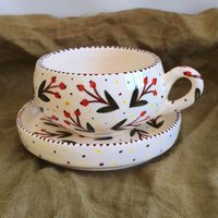 Handbemalte Keramik Tasse Mit Untertasse Espresso, Cappuccino von OlliveCeramics