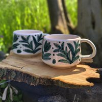 Handgemachte Keramik Cappuccino Tassen Set Blaues Blumenmuster, 2Er Set Handgemachte Keramik Cappuccino Tassen Set Blaues Blumenmuster, 2Er Set von OlliveCeramics