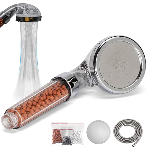 Olliwon Duschkopf Regendusche mit Schlauch 1,5M, Dusche Druckerhöhend Wassersparend, Dreischichtiges Filtersystem entfernt Kalkablagerungen, 3 Packungen Mineralsteinen Ersatz von Olliwon