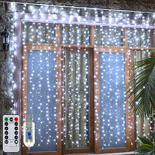 Ollny Lichtervorhang innen aussen, 3x3m 300 LED Lichterkette außen innen USB mit Fernbedienung Timer, dimmbar Lichterketten Vorhang für Fenster Weihnachten Schlafzimmer Wand(weiß) von Ollny