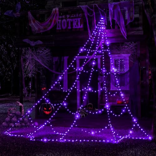 Ollny 3M 266 LEDs Halloween Spinnennetz, halloween lichterkette mit Timer 8 Modi, Dimmbar led Lichternetz, IP67 wasserdicht für halloween deko outdoor Haushof Garten Tür (Lila) von Ollny