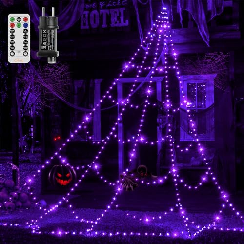Ollny 5M 454 LEDs Halloween Spinnennetz, halloween lichterkette mit Timer 8 Modi, Dimmbar led Lichternetz, IP67 wasserdicht für halloween deko outdoor Haushof Garten Tür (Lila) von Ollny