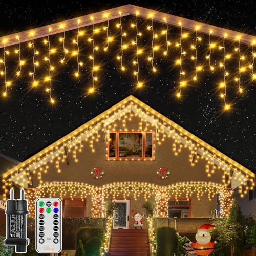 Ollny Eisregen Lichterkette Außen 10m 400 LED Lichterkette außen Strom mit Fernbedienung, wasserdicht Weihnachtsbeleuchtung außen mit Timer 8 Modi für Balkon Weihnachten Haus Carport(warmweiß) von Ollny