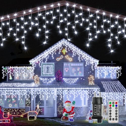 Ollny Eisregen Lichterkette Außen 15M, 600 LED Lichterkette Außen weiß mit Fernbedienung, 8 Leuchtmodi Wasserdicht Weihnachtsbeleuchtung Außen für Balkon Fenster Haus Pavillon Terrasse Weihnachtsdeko von Ollny