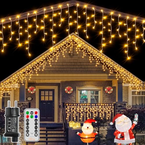 Ollny Eisregen Lichterkette außen 12m 504 LEDs Weihnachtsbeleuchtung außen warmweiß mit Fernbedienung, wasserdicht Lichterkette außen mit 8 Modi Timer für Balkon Haus Weihnachtsdeko aussen von Ollny