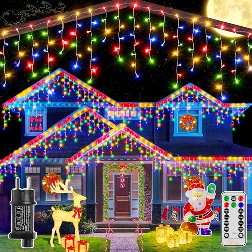 Ollny Eisregen Lichterkette außen 12m 504 LEDs Weihnachtsbeleuchtung außen Bunt 84 Saiten IP44 wasserdicht 8 Modi mit Fernbedienung Timer EU Stecker für Pavillon Balkon von Ollny