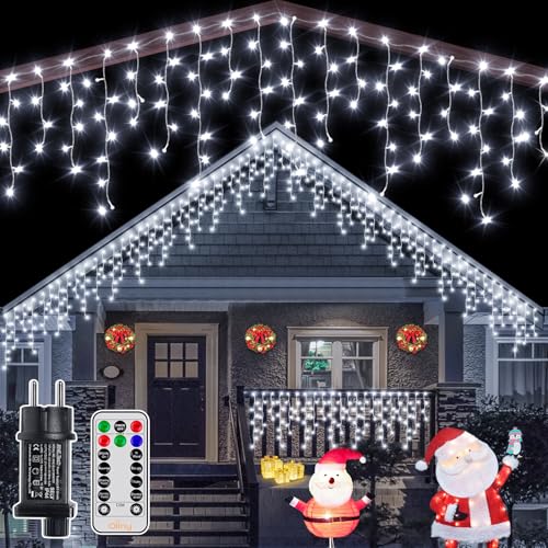 Ollny Eisregen Lichterkette außen 12m 504LEDs 84 Saiten Weihnachtsbeleuchtung außen Kaltweiß IP44 wasserdicht 8 Modi mit Fernbedienung Timer EU Stecker für Pavillon Balkon von Ollny