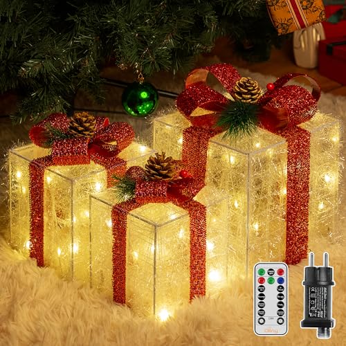 Ollny LED Weihnachtsdeko innen mit Timer, 3er Set Geschenke Leucht Boxen mit Rote Schleife, warm weiß mit 8 Modi und Dimmbar, Weihnachten Advent Deko Beleuchtung, Strombetrieben von Ollny