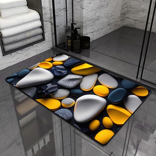 Olnamaro Badematte Stein(3D-Muster) Badematte Rutschfester Badezimmerteppich Absorbierender Badteppich 80x50cm,Schnelltrocknende Badematte,Garnieren Sie die Stimmung (Gelb, 80x50CM) von Olnamaro
