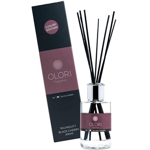 Luxus Raumduft Black Cherry Diffuser mit Stäbchen mit ätherischen Ölen - Extra langanhaltende Formel - Deko Raumerfrischer mit Duftstäbchen - 100% natürlich & rein (200ml, Duft: fruchtig, frisch) von Olori