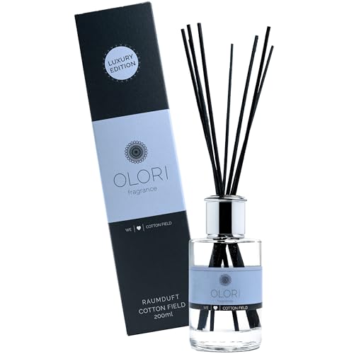 Luxus Raumduft Cotton Field Diffuser mit Stäbchen mit ätherischen Ölen - Extra langanhaltende Formel - Luxury Lufterfrischer mit Duftstäbchen (200ml, Duft: blumig, fruchtig, ozonisch, frisch) von Olori
