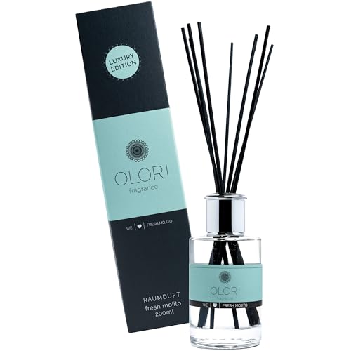 Luxus Raumduft Fresh Mojito Diffuser mit Stäbchen mit ätherischen Ölen - Extra langanhaltende Formel - Deko Raumerfrischer mit Duftstäbchen im edlen Design (200ml, Duft: zitrus, frisch, sommerlich) von Olori