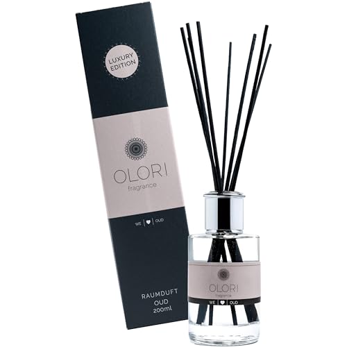 Luxus Raumduft Oud Diffuser mit Stäbchen mit ätherischen Ölen - Extra langanhaltende Formel - Ideal als luxuriöser und dekorativer Raumdiffuser für die Wohnung (200ml Duft: waldig, holzig, würzig) von Olori