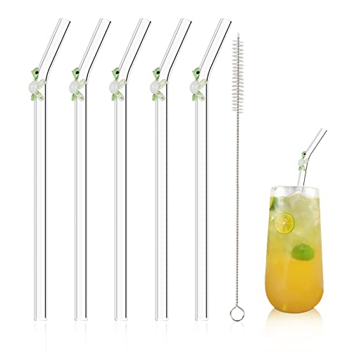 Olpchee 5 Stück wiederverwendbare Trinkhalme aus klarem Glas, buntes Schildkröten-Design, Größe 19,8 cm x 8 mm, mit 1 Reinigungsbürste für Smoothies, Milchshakes, Säfte, Tee (grün) von Olpchee