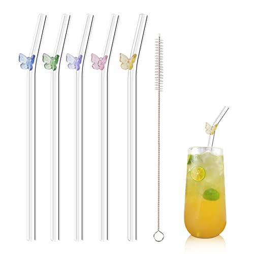 Olpchee 5 Stück wiederverwendbare Trinkhalme aus klarem Glas, buntes Schmetterling-Design, Größe 19,8 cm x 8 mm, mit 1 Reinigungsbürste für Smoothies, Milchshakes, Säfte, Tee (bunter Schmetterling) Olpchee 5 Stück wiederverwendbare Trinkhalme aus klarem Glas, buntes Schmetterling-Design, Größe 19,8 cm x 8 mm, mit 1 Reinigungsbürste für Smoothies, Milchshakes, Säfte, Tee (bunter Schmetterling) von Olpchee