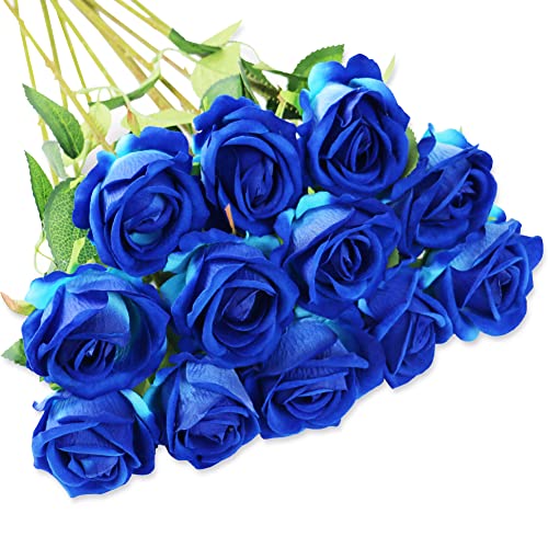 Olrla 12 Stück künstliche Rosen blau, einzelne Lange Stiele künstliche Rosen Samt Brautstrauß realistische Blume für Haus Garten Party Hotel Büro Dekoration (Königsblau) von Olrla