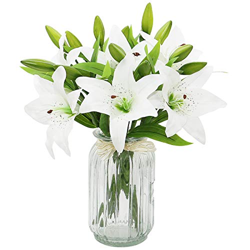 Olrla 6 Stück Weiß Künstliche Lilie Blumen, Künstlich Plastikblumen, künstliche Lilie echte Berührung Zuhause Hochzeit Party Dekoration, Blumenarrangement von Olrla