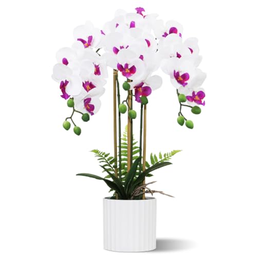 Olrla Künstliche Orchideen Blumenanordnung mit 3 Zweigen im Topf, Weiße und Violette Künstliche Phalaenopsis Bonsai für Heimbüro Hoteldekoration, Tischdekoration von Olrla