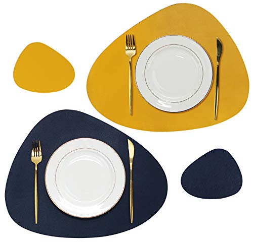 Olrla Tischsets und Untersetzer-Sets 6 doppelseitige PU-Leder-Tischsets rutschfest abwischbar wasserdicht für die Küche Indoor Esstisch Restaurant (Tiefblau/Gelb) von Olrla
