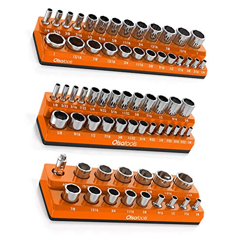 Olsa Tools Magnetic Socket Organizer | 3 Piece Socket Holder Kit | 1/2-inch, 3/8-inch, & 1/4-inch Drive | SAE Orange | Holds 68 Sockets | Premium Quality Tools Organizer von Olsa Tools