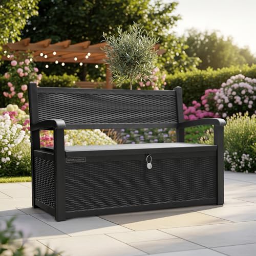 Olsen & Smith 265L Outdoor Garden Plastic Storage Bench Box Container Chest - Weather Resistant Lockable Rattan Effect Lawn Balcony Patio Storage Seat Chair Furniture (Black) von Olsen & Smith