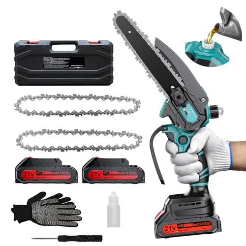 Olubfdh Mini Kettensäge mit Akku 4000mAh, 6 Zoll Mini Kettensäge Elektro mit Automatischer Öler und 2 Akku 2000mAh, Handkettensäge Akku für Gartenscheren Astschere Holzschneidenz von Olubfdh