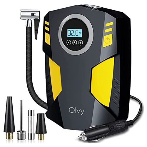 Olvy Luftkompressor Autoreifen 12V Netz, Elektrische Luftpump, Digitaler Anzeige, LED-Leuchte Mini-Kompressor für Auto Fahrrad Bälle 4 Ventile von Olvy