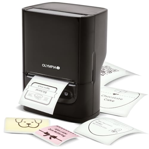 Olympia Etikettendrucker PM220 Schwarz | Bluetooth Etikettendrucker Selbstklebend für Zuhause und Unterwegs | Tragbarer Thermotransferdrucker für Wasserfeste Etiketten | Mobiler QR Code Label Printer von Olympia