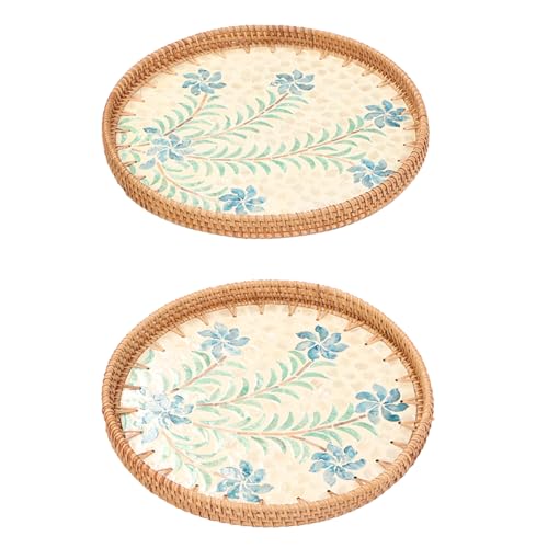 Omabeta 2 Stück Handgewebtes Serviertablett aus Rattan, Dekoratives Snacktablett Im Kunststil für Lebensmittel und Obst mit Großem Fassungsvermögen (Cymbidium -Muster) von Omabeta