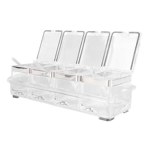 Omabeta 4 Cell Clear Clear Seciding Box Rack Regal Container Acryl -Gewürzgläser mit Deckel und Löffel für Küchenarbeitsplatten -Organisator Transparentes Design von Omabeta