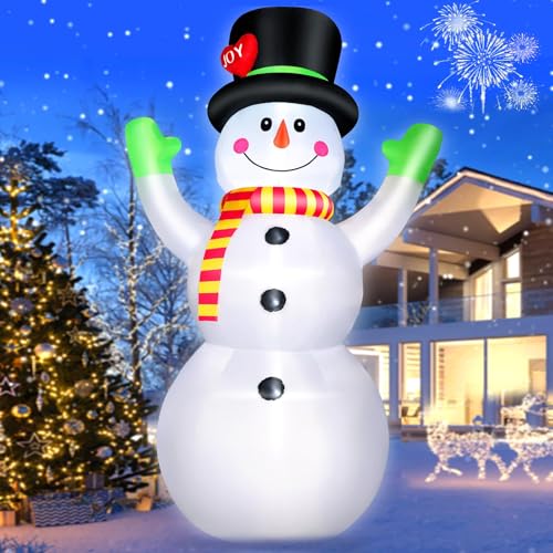 10FT Aufblasbarer Schneemann mit Hochgehobenen Grünen Handschuhen, Weihnachtsdeko Aufblasbar LED-Beleuchtung, Aufblasbare Weihnachtsdeko IP44 für Vorgarten-Deko inkl. Sandsäcken von Omdekor