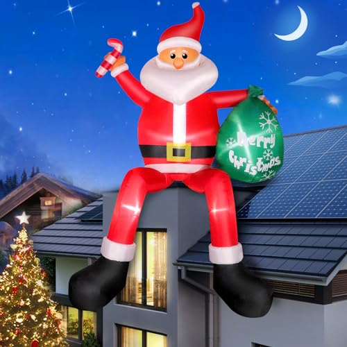 8FT Aufblasbarer Weihnachtsmann mit LED, Sitzend Santa Claus mit Grünetüte, Sitzend auf Stuhl Dachwand IP44 Wetterfest Weihnachtsdeko Riesen Figurfür Straßenhäuser Terrassenbänke und Sträucher Hof von Omdekor