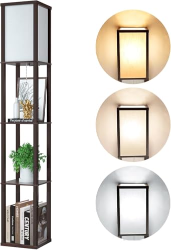 LED Stehlampe aus Holz, Braun Stehleuchte mit Regal, Standleuchte Holzablage mit 3 Farbtemperaturen E27 Birne, Retro Beleuchtung mit E27 Fassung für Wohnzimmer Büro Schlafzimmer Flur Ecke (Kein Korb) von Omdekor