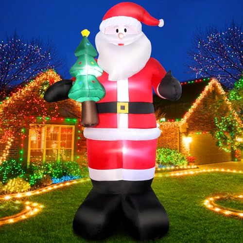 Omdekor 240 cm Aufblasbar Weihnachtsmann mit LED Licht Gebläse, 8 Fuß Riesen Figur Inflatable Santa mit Weihnachtsbaum, Weihnachtsdeko IP44 Wetterfest Beleuchtung Deko für Innen Außen Rasen Hof von Omdekor