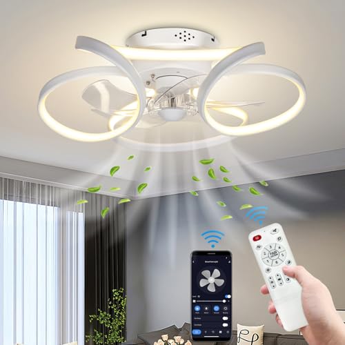 Omdekor Ventilator Deckenleuchte mit APP, LED Deckenventilator mit Beleuchtung Dimmbar, 6 Geschwindigkeiten, Moderne Lampe mit Ventilator Leise für Schlafzimmer - Weiß 50cm von Omdekor