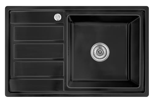 Omeere, 80x50 x21 Einbauspüle,Küchenspüle Edelstahl 304 Materialdicke 0,9 mm, Spülbecken Küche Spüle eckig 1 Becken Abtropffläche R16 (Abtropffläche links - schwarz) von Omeere