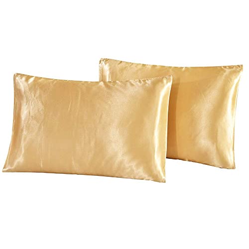 Omela 2er Set Satin Kissenbezüge 40 x 80 cm Gold Glatt Doppelpack Seidig Kopfkissenbezug Kissenbezug 40x80 mit verdeckter Reißverschluss aus Mikrofaser für Haar-und Hautpflege Gold von Omela